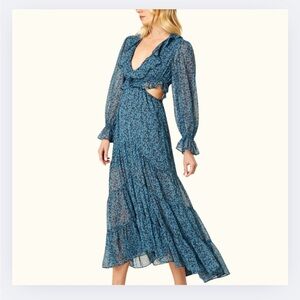 MISA “Amelia” Ruffle Cutout Dress | Cerulean Blue | Women’s M | NWOT
